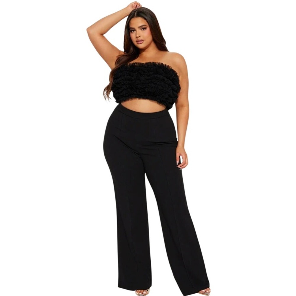 Fashion Nova Womens Braelynn Black Ruffle Tulle Tube Top Wide Leg Jumpsuit 1X